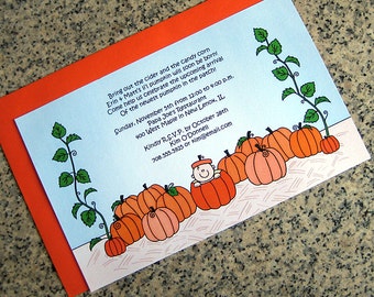 lil pumpkin baby shower or autumn 1st birthday party fully custom invitations with orange envelopes - set of 10