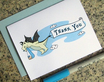 dragon stork fairy tale baby shower thank you cards for boy (blank or custom printed inside) with pastel blue envelopes - set of 10