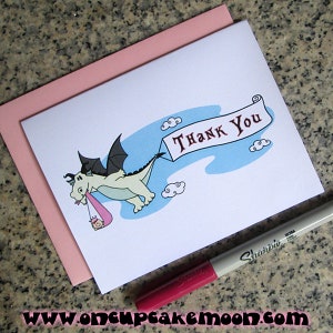 dragon stork fairy tale baby shower thank you cards for girl (blank or custom printed inside) with pastel pink envelopes - set of 10