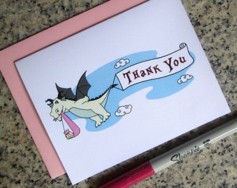 dragon stork fairy tale baby shower thank you cards for girl (blank or custom printed inside) with pastel pink envelopes - set of 10