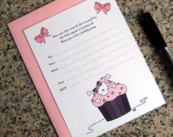 pink skull cupcake invitations lined birthday valentine halloween party with envelopes DIY - set of 10