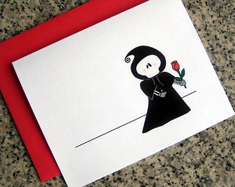 cute grim reaper death valentines / thank you notes / love notes / note cards (blank or custom inside) with red envelopes - set of 10