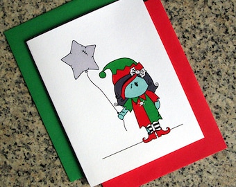 zombie girl elf holiday christmas greeting cards thank you notes - set of 5 or 10