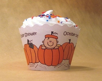 lil pumpkin cupcake wrappers decorations custom personalized for autumn baby shower or first birthday party  - set of 12