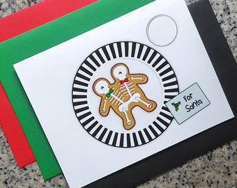 conjoined gingerdead men cookie for santa christmas cards / notecards / thank you notes (blank/custom inside) with envelopes - set of 10