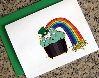 St Pats pot of gold and rainbow skull cupcake greeting cards / notecards / thank yous (blank or custom inside) with envelopes