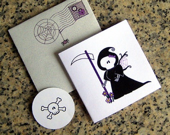 cute grim reaper girl death custom personalized mini cards, envelopes and seals with custom printed insides - set of 5