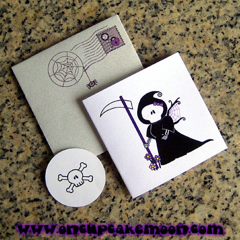 grim reaper girl angel of death custom personalized mini cards envelopes and seals with custom printed insides set of 6