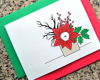 skull poinsettia floral arrangement holiday christmas greeting cards thank you notes - set of 5 or 10