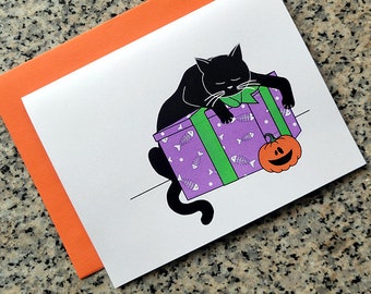 sleeping black cat with pumpkin Halloween goth cards / notecards / thank you notes (blank/custom text inside) with envelopes - set of 10