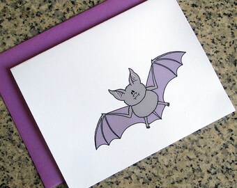 cute gray and purple flying bat notecards / thank you notes (blank / custom inside) & envelopes - set of 10