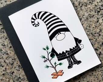 goth gnome with Charlie Brown tree holiday christmas greeting cards, thank you notes (blank/custom inside) with envelopes - set of 10