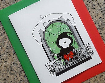 May include: A black and white illustration of a skeleton wearing a red bow tie and a black robe, standing in a doorway with a green background and a snowy roof. The doorway is decorated with a spiderweb and a skull.