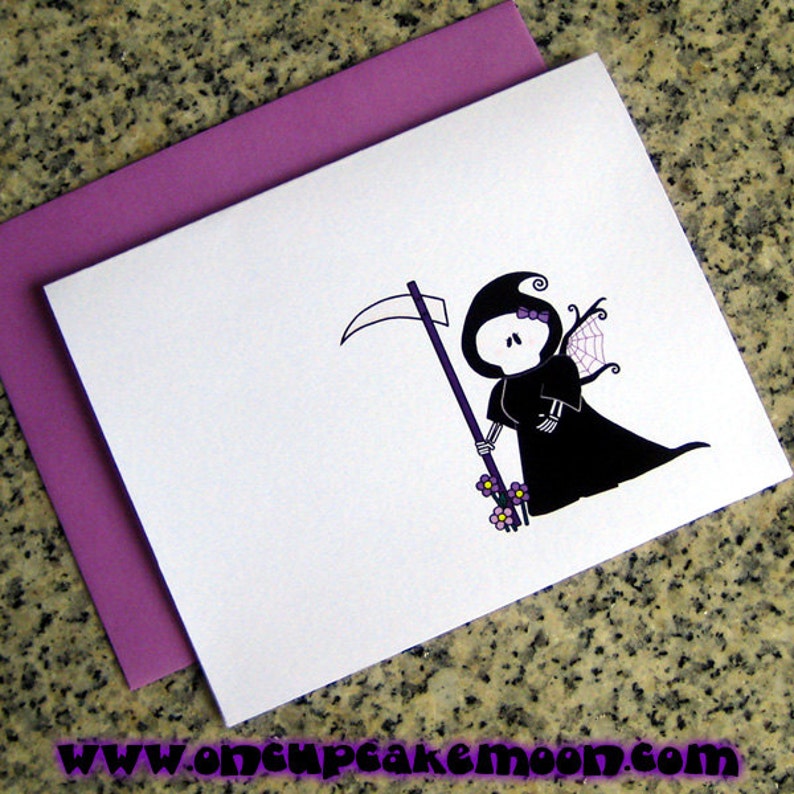 grim reaper girl angel of death custom personalized mini cards envelopes and seals with custom printed insides set of 6