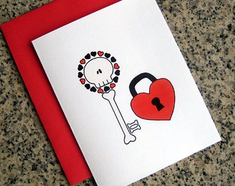 skeleton key to my heart notecards / thank you notes / love notes / valentines (blank or custom inside) with red envelopes - set of 10