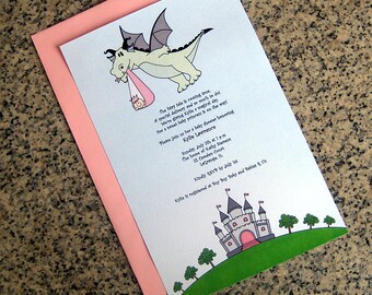 fairy tale dragon stork baby girl little princess baby shower full sized fully custom invitations with envelopes - set of 10