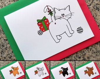 merry kiss my ass cat butt & mistletoe holiday christmas cards, notecards, thank you (blank or custom text) with envelopes - set of 10