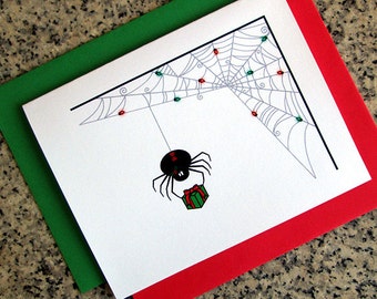 black widow spider with lit up web christmas greeting cards / notecards / thank you notes (blank or custom inside) with envelopes set of 10