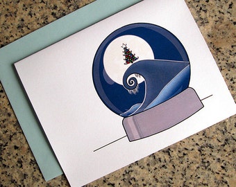 nightmare before christmas inspired snowglobe holiday cards / notecards / thank you notes (blank or custom inside) with envelopes set of 10