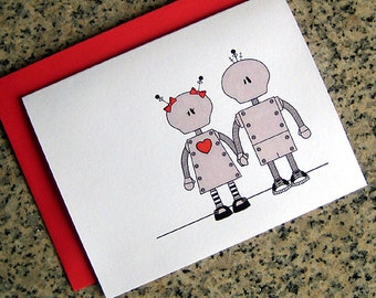 robot couple in love holding hands valentines / notecards / thank you notes (blank or custom inside) with red envelopes - set of 10