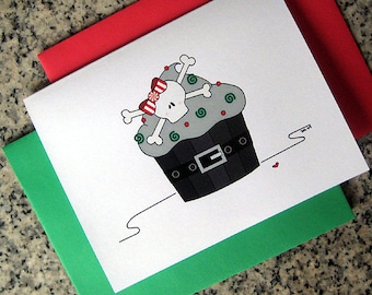 skull cupcake holiday christmas cards / notecards / thank you notes (blank/custom printed inside) with red/green envelopes - set of 10