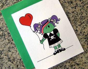 zombie girl notecards / thank you notes / love notes / valentines (blank or custom printed inside) with green envelopes - set of 10