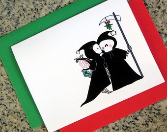 holiday grim reapers kiss of death christmas greeting cards / notecards / thank you notes (blank or custom inside) with envelopes- set of 10