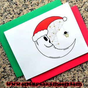 Tarjetas navideñas con calavera de Papá Noel, luna creciente y araña, notas de agradecimiento (en blanco/personalizadas) con sobres: juego de 5 o juego de 10