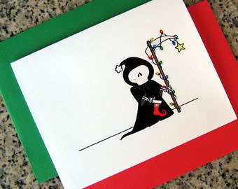 holiday grim reaper christmas cards / notecards / thank you notes (blank or custom printed inside) with envelopes - set of 10