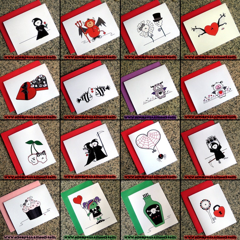 set of 10 choose your own set of cute goth valentines alternative dark love notes FOLDED CARDS and colored envelopes image 1