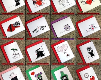 set of 10 choose your own set of cute goth valentines alternative dark love notes FLAT CARDS and colored envelopes