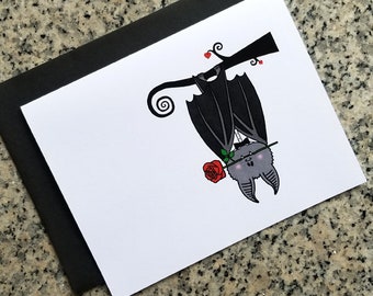 hanging vampire bat with rose valentine love greeting cards notecards thank you notes (blank or custom inside) with envelopes