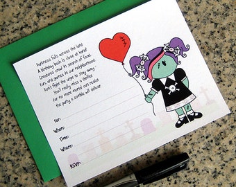 cute little zombie girl lined birthday halloween costume party customizable lined invitations with green envelopes DIY - set of 10