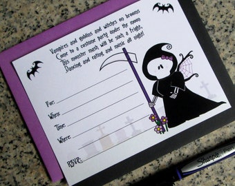 cute grim reaper girl lined halloween birthday costume party customizable lined invitations with envelopes DIY - set of 10