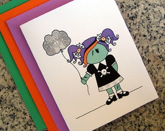 halloween zombie girl cards (blank or custom printed inside) with green, orange or purple envelopes - set of 10