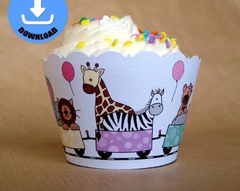 sofort download druckbare Pastelle süße Zoo Zug mit Tieren Mädchen Cupcake Papier
