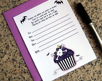 tim burton inspired striped skull cupcake night bats lined birthday party or baby shower invitations with envelopes DIY - set of 10
