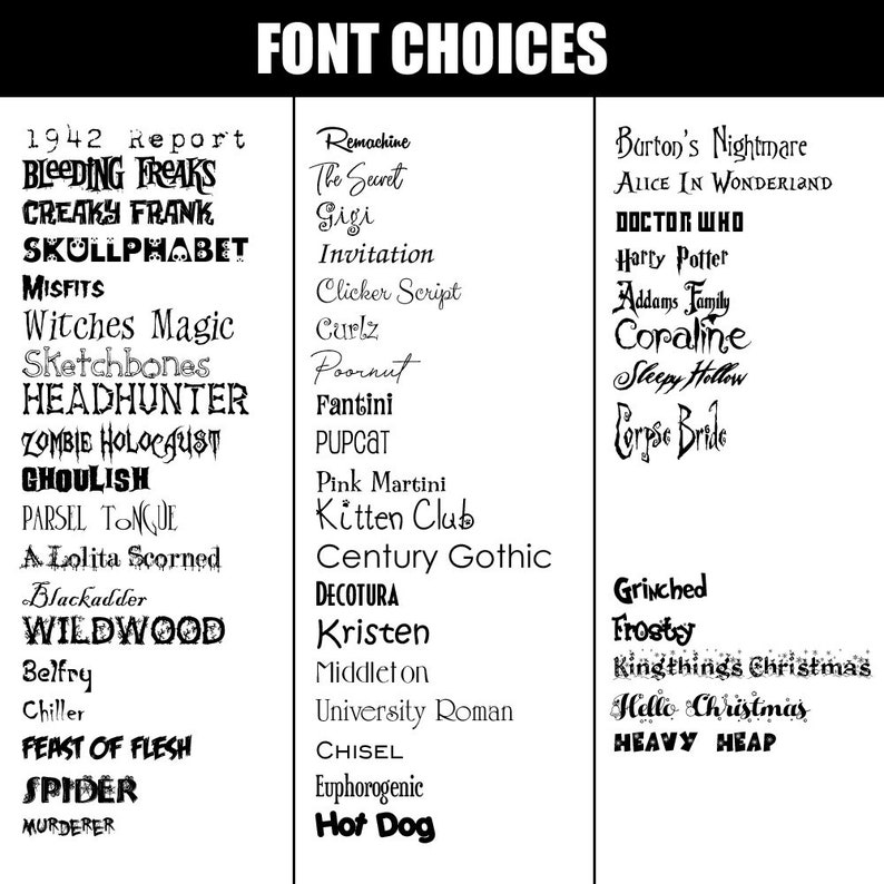 May include: A black and white image with a list of different fonts and their names. The fonts are displayed in a variety of styles, including script, gothic, and bold. The list is divided into three columns, with the title "FONT CHOICES" at the top.