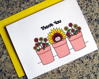 sunflowers baby in a flower pot shower thank you cards for either boy or girl (blank / custom printed inside) with envelopes - set of 10