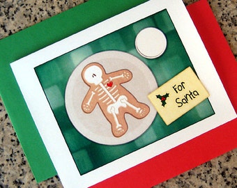 gingerdead man cookie for santa christmas cards / notecards / thank you notes (blank/custom inside) with red/green envelopes - set of 10