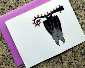 hanging bat Halloween greeting cards / notecards / thank you notes (blank or custom text inside) with envelopes - set of 5 or 10