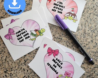 sofort download druckbare süße Schildkröte flache Valentinstag Karten digitale Datei, 6 Karten pro Seite