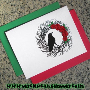 raven in black wreath christmas holiday cards / notecards / thank you notes blank or custom text inside with envelopes set of 10 image 1