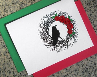 raven in black wreath christmas holiday cards / notecards / thank you notes (blank or custom text inside) with envelopes - set of 10