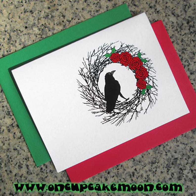 raven in black wreath christmas holiday cards / notecards / thank you notes blank or custom text inside with envelopes set of 10 image 1