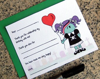 zombie girl fill in thank you notes red stitched heart balloon for birthday halloween costume party customizable with envelopes - set of 10