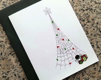 the black widow's lit up spider web christmas tree holiday greeting cards, thank you notes (blank/custom inside) with envelopes - set of 10