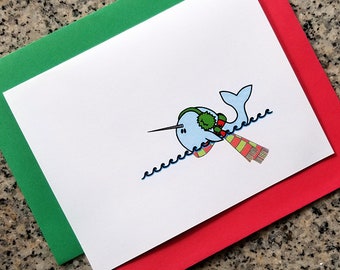 holiday narwhal in ear muffs and scarf christmas cards / notecards / thank you notes (blank or custom inside) with envelopes set of 10