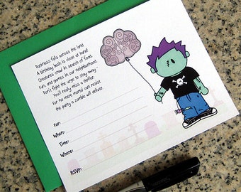 zombie boy lined invitations with cute little brains balloon for birthday halloween costume party customizable with envelopes - set of 10