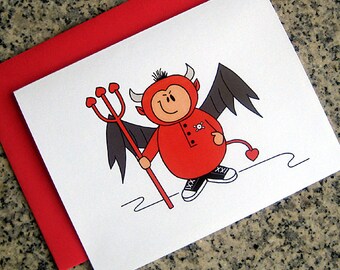 little devil feeling naughty notecards / thank you notes / love notes / valentines (blank or custom inside) with red envelopes - set of 10